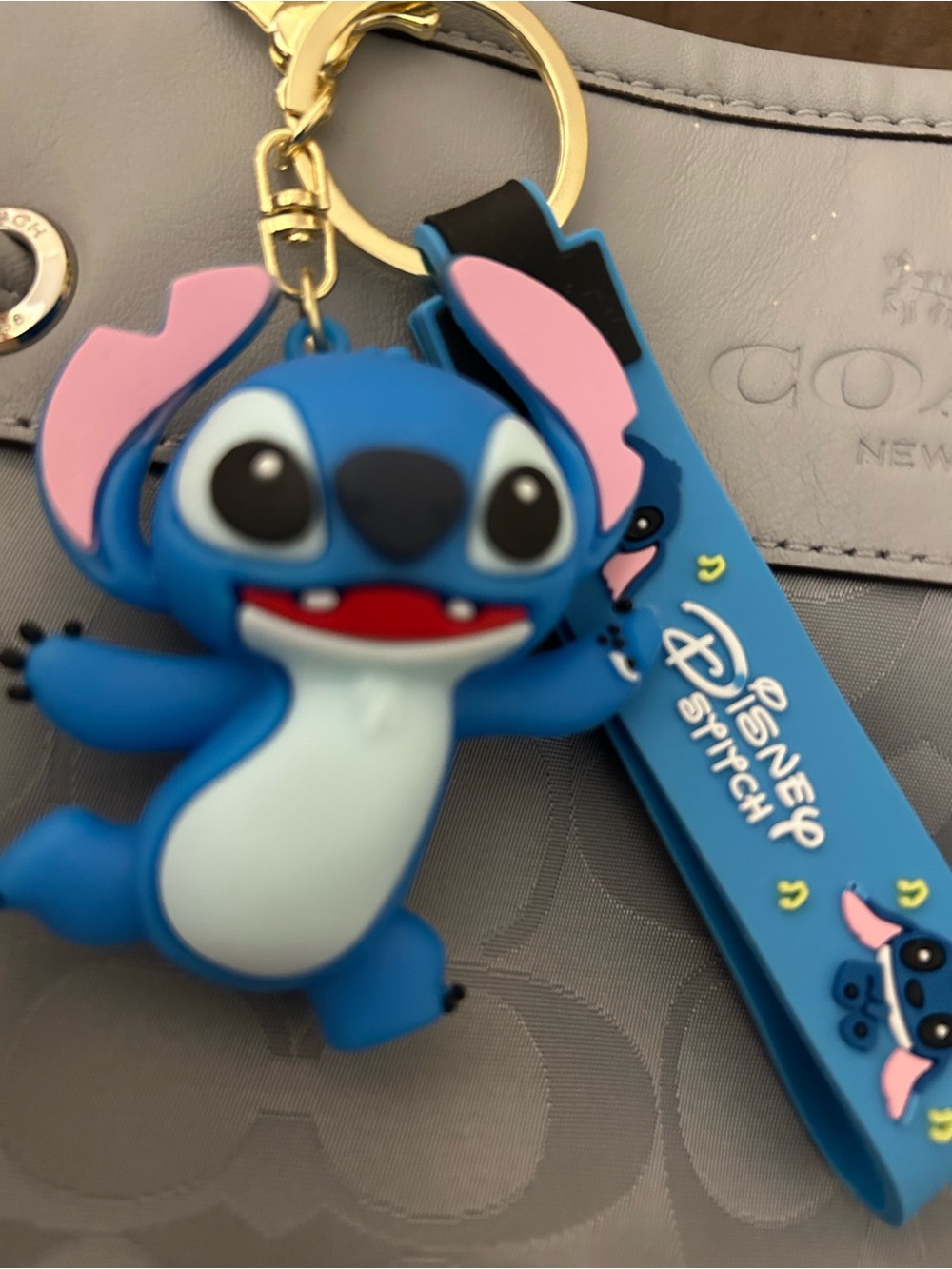 Disney Stitch Rubber Keychain - Bright Blue, Light Blue & Pink with Gold Ring